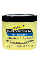 Jar of Palmer’s Hair Food Formula Anti-Dandruff Conditioner, 150 g, highlighting vitamins A, D, E, and protein for softer hair and reduced flaking.
