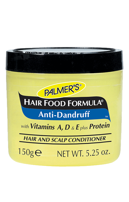 Jar of Palmer’s Hair Food Formula Anti-Dandruff Conditioner, 150 g, highlighting vitamins A, D, E, and protein for softer hair and reduced flaking.